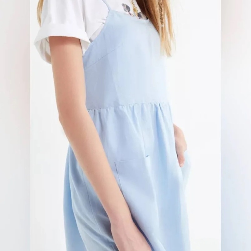 Urban Outfitters Melanie Sky Blue Cotton Linen Blend Babydoll Midi Dress Sz. M